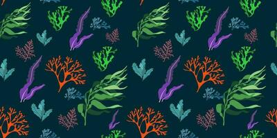 desatado padrão, multicolorido algas marinhas. desenhos para têxteis, papel de parede e imprime. minimalista fofa algas marinhas em Sombrio fundo vetor