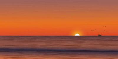 marinha pôr do sol com silhueta pescaria barco seguido de gaivotas às Horizonte vetor ilustração ter em branco espaço. oceano com dramático céu fundo.