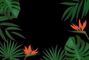 folha de palmeira verde realista natural com fundo tropical de flor de strelitzia vetor