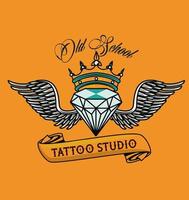 diamante de luxo com asas voando gráfico de estúdio de tatuagem vetor