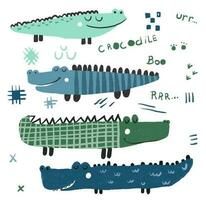 simples infantil ilustração com engraçado crocodilo. engraçado crianças Projeto com selvagem réptil e gráfico elementos, inscrições. crianças plano projeto, adesivo vetor