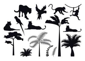 conjunto de silhuetas de animais e plantas da selva vetor