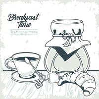 Cartaz de letras na hora do café da manhã com croissant e café vetor