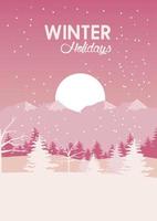 bela paisagem rosa de inverno com pinheiros e sol vetor