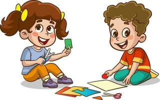 pequeno criança cortar papel para arte com amigo desenho animado vetor