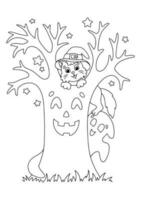 a gato dentro a chapéu escalou uma árvore. coloração livro página para crianças. dia das Bruxas tema. desenho animado estilo personagem. vetor ilustração isolado em branco fundo.