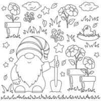 jardim gnomo com uma pá e flores coloração livro página para crianças. desenho animado estilo personagem. vetor ilustração isolado em branco fundo.