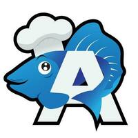 carta uma peixe logotipo ou ícone Projeto com azul e branco cor para restaurante branding vetor