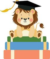fofa leão com graduação boné sentado em topo do livros vetor