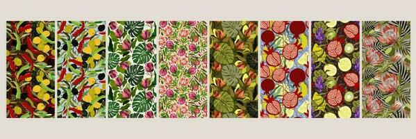 vetor conjunto do oito desatado padrões com exótico flores e brilhante legumes e frutas.