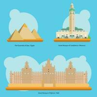 vetor ilustração do monumentos e marcos dentro África vol. 1. a pirâmides do giza - Egito, ótimo mesquita do Casablanca - Marrocos e ótimo mesquita do djenne - mali