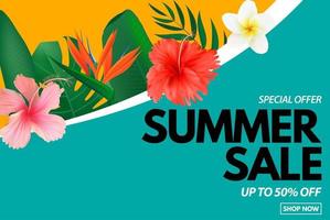 Cartaz de venda de verão com fundo natural com palmeira tropical e flores exóticas de folhas Monstera vetor