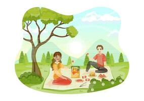 piquenique ao ar livre vetor ilustração do pessoas sentado em uma verde Relva dentro natureza em verão feriado Férias dentro plano desenho animado mão desenhado modelos