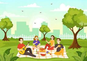 piquenique ao ar livre vetor ilustração do pessoas sentado em uma verde Relva dentro natureza em verão feriado Férias dentro plano desenho animado mão desenhado modelos