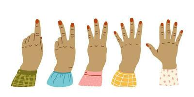 mãos contar, contando em a dedos mão gesto vetor ilustração isolado. números em a mãos. mão mancha. diferente nacionalidades raças diverso sociedade desenho animado estilo