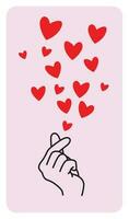 dedo coração gesto com uma muitos do fofa corações chegando Fora a partir de isto. k-pop amor ícone, vertical modelo isolado em luz Rosa fundo. esboço mão com amor símbolos vetor