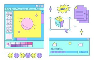 ano 2000 na moda conjunto do objetos, velho computador interface, retro pc elementos, Década de 1990 Anos 2000 estilo, cursor, arquivo, pasta, programa, estrela, nostalgia, vetor ilustração