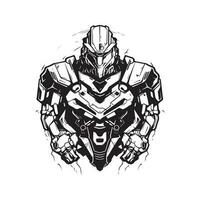 scifi mech guerreiro, vintage logotipo linha arte conceito Preto e branco cor, mão desenhado ilustração vetor