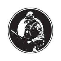 Ciência ficção soldado, vintage logotipo linha arte conceito Preto e branco cor, mão desenhado ilustração vetor