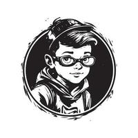 criança Super heroi, vintage logotipo linha arte conceito Preto e branco cor, mão desenhado ilustração vetor