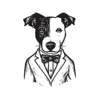 jack russell terrier vestindo terno, vintage logotipo linha arte conceito Preto e branco cor, mão desenhado ilustração vetor