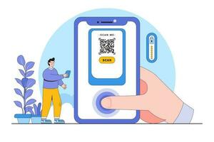 digital carteira e Móvel pagamentos conceito com uma pessoa tocando uma Smartphone para Forma de pagamento e digitalização uma qr código vetor