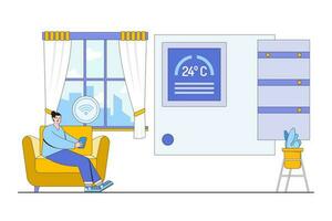 inteligente casa tecnologia conceito com uma pessoa ajustando a termostato vetor