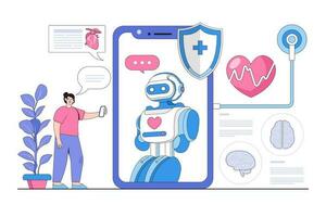 assistido por robô Serviços conceito com pessoa interagindo com uma chatbot e ser suportado de uma médico robô vetor