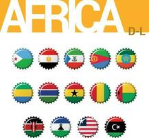 conjunto do 14 tampa de garrafa bandeiras do África. conjunto 2 do 4. vetor ilustração. djibuti, Egito, eq. guiné, eritreia, Etiópia, Gabão, Gâmbia, Gana, guiné, Guiné bissau, Quênia, Lesoto, Libéria, Líbia.