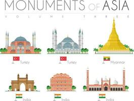 monumentos do Ásia dentro desenho animado estilo volume 3. hagia Sofia e azul mesquita - peru, Shwedagon pagode-mianmar, portão do Índia, hawa mahal e Jama masjid mesquita - Índia. vetor ilustração