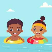 dois criança Garoto juntos natação com inflável anel dentro água para piscina festa em verão feriado. vetor