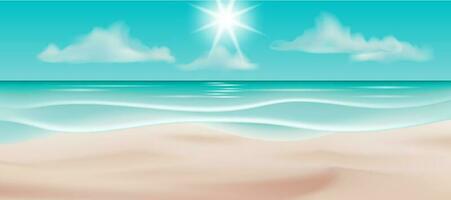 vetor ilustração do uma lindo tropical marinha com uma branco arenoso praia, azul oceano, e uma Claro céu. perfeito para viagem e período de férias desenhos, papeis de parede, e cenários para festas e eventos