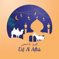 feliz eid al adha cumprimento cartão com mesquita silhueta dentro a noite, bode e camelo vetor