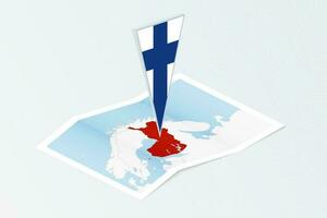isométrico papel mapa do Finlândia com triangular bandeira do Finlândia dentro isométrico estilo. mapa em topográfico fundo. vetor