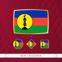 conjunto do Novo Caledônia bandeiras com ouro quadro, Armação para usar às esportivo eventos em uma Borgonha abstrato fundo. vetor