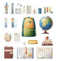 uma conjunto do escola suprimentos. ilustrações do livros, globo, mochila e escola congregação em isolado fundo. ícones, adesivos do escola temas. estudar, Educação vetor