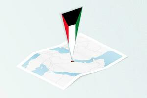 isométrico papel mapa do Kuwait com triangular bandeira do Kuwait dentro isométrico estilo. mapa em topográfico fundo. vetor