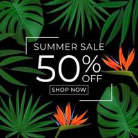 Cartaz de venda de verão com fundo natural e folhas de palmeira tropical vetor