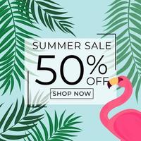 fundo abstrato de venda de verão com folhas de palmeira e flamingo vetor