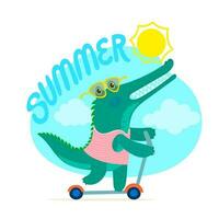 engraçado desenho animado crocodilo personagem equitação skate vetor