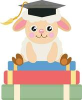 fofa ovelha com graduação boné sentado em topo do livros vetor