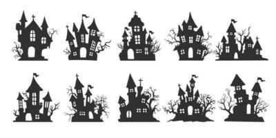 silhueta do vampiro castelo assustador fantasma casa em dia das Bruxas noite. vetor