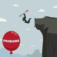 homem de negocios pulando a partir de a penhasco para pop a vermelho balão com palavra problemas. resolver a problemas conceito vetor ilustração