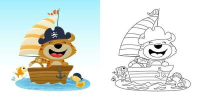 vetor ilustração do fofa pirata gato em barco a vela, Pato com peixe dentro água. coloração livro ou página