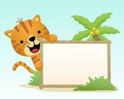 vetor ilustração do desenho animado gato com quadro, Armação fronteira modelo e Palma árvore