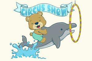 vetor ilustração dentro mão desenhado conceito, desenho animado fofa Urso equitação golfinho pulando através uma anel