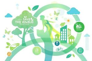 Ecologia.Cidades verdes ajudam o mundo com ideias de conceitos ecológicos. Ilustração em vetor