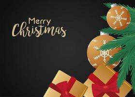 cartão de letras de feliz natal feliz com presentes dourados e bolas vetor