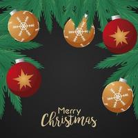 cartão de letras de feliz natal feliz com bolas e folhas vetor