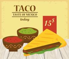 pôster mexicano de celebração do dia do taco com molho de tomate e guacamole vetor